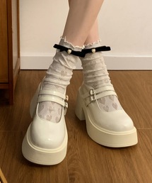 パテント調 ダブル ストラップ 厚底 ヒール パンプス