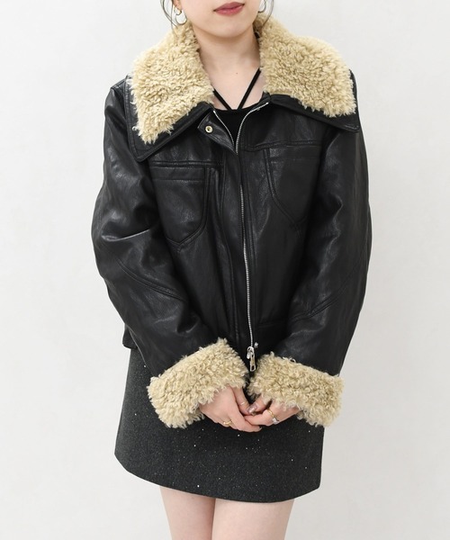 MISCH MASCH（ミッシュマッシュ）の「一部店舗限定 ボア付きフェイクレザーブルゾン（ブルゾン・レディース・ブラック/ブラウン・ﾌﾘ-）」の2枚目の写真