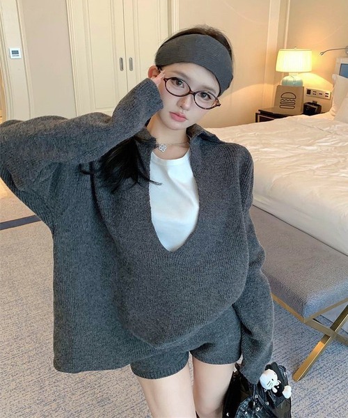 inst.ALL(インストール)の「ゆったりスキッパーニットトップス×ショートパンツセット(ニット/セーター・レディース・ネイビー/グレー/チャコールグレー・M)」の2枚目の写真