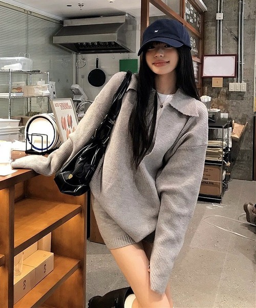 inst.ALL(インストール)の「ゆったりスキッパーニットトップス×ショートパンツセット(ニット/セーター・レディース・ネイビー/グレー/チャコールグレー・M)」の9枚目の写真