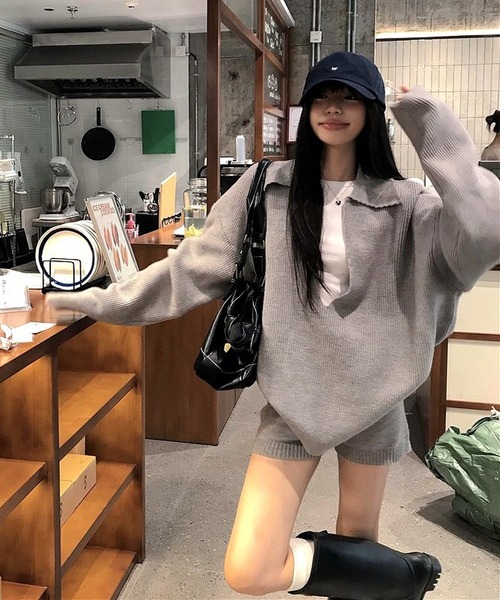 inst.ALL(インストール)の「ゆったりスキッパーニットトップス×ショートパンツセット(ニット/セーター・レディース・ネイビー/グレー/チャコールグレー・M)」の10枚目の写真