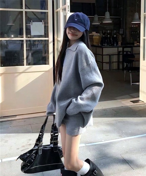 inst.ALL(インストール)の「ゆったりスキッパーニットトップス×ショートパンツセット(ニット/セーター・レディース・ネイビー/グレー/チャコールグレー・M)」の21枚目の写真