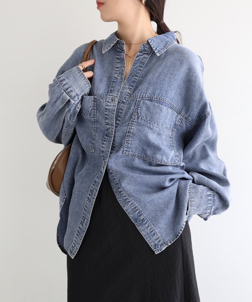 andme（アンドミー）の「テンセルデニムシャツ（シャツ/ブラウス・レディース・インディゴブルー/ケミカルウォッシュ・L/M）」の10枚目の写真