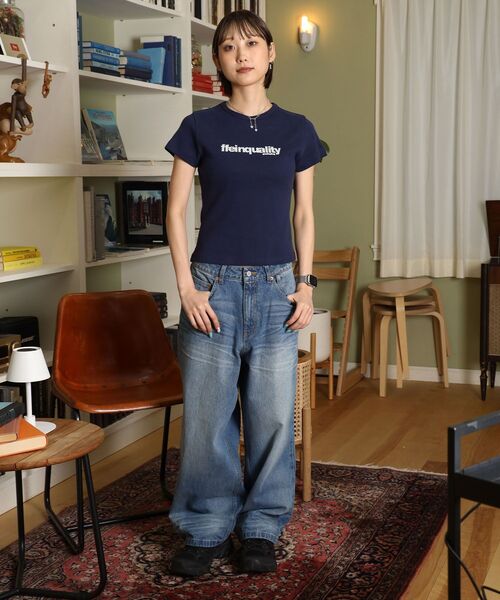 FFEIN（フェイン）の「【FFEIN（フェイン）】テレコリブレディースTシャツ / 半袖 レディース クルーネック プリント ピチT ちびT 短丈（Tシャツ/カットソー・レディース・ホワイト/ネイビー/ブラック・FREE）」の12枚目の写真