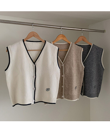 Line Color Block Embroidered Knit Vest (3colors)
