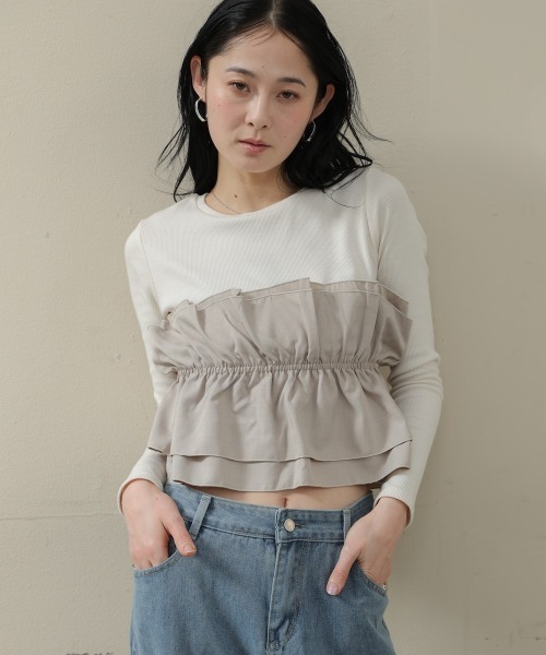 Bab(バブ)の「ビスチェ風レイヤードロンT(Tシャツ/カットソー・レディース・ホワイト系その他/チャコールグレー/グレー・M)」の1枚目の写真