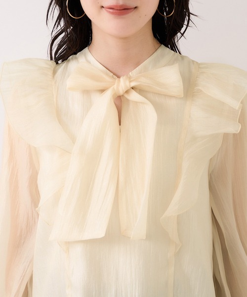 VIS(ビス)の「シャイニーボウタイ長袖ブラウス/イージーケア・2WAY(シャツ/ブラウス・レディース・キナリ/ピンク/ブラック・FREE)」の6枚目の写真