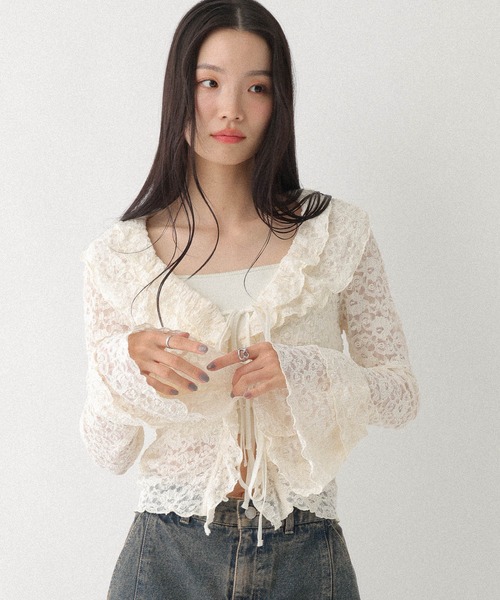 Heather（ヘザー）の「フリルレースカーディガン　660895（Tシャツ/カットソー・レディース・ブラック/アイボリー/オフホワイト・FREE）」の2枚目の写真