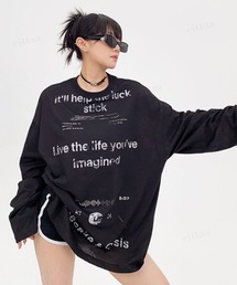 韓国ファッション Ricecakeダメージプリント薄手長袖Tシャツ