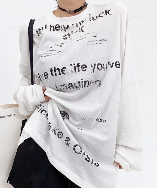 Dalfwin（ダールフィン）の「韓国ファッション Ricecakeダメージプリント薄手長袖Tシャツ（Tシャツ/カットソー・レディース・ホワイト/ブラック・FREE）」の4枚目の写真
