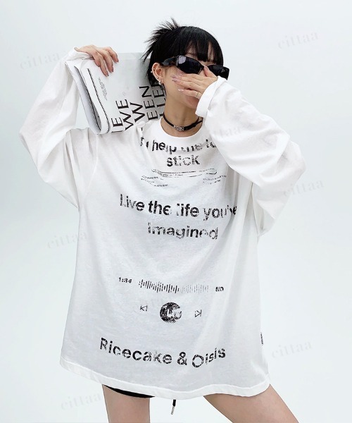 Dalfwin（ダールフィン）の「韓国ファッション Ricecakeダメージプリント薄手長袖Tシャツ（Tシャツ/カットソー・レディース・ホワイト/ブラック・FREE）」の5枚目の写真