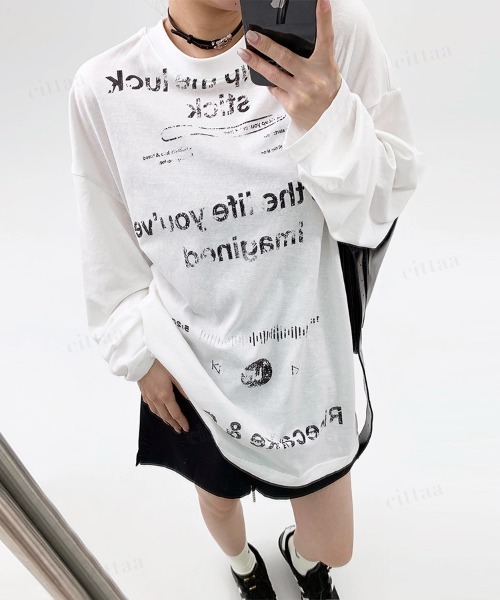 Dalfwin（ダールフィン）の「韓国ファッション Ricecakeダメージプリント薄手長袖Tシャツ（Tシャツ/カットソー・レディース・ホワイト/ブラック・FREE）」の6枚目の写真