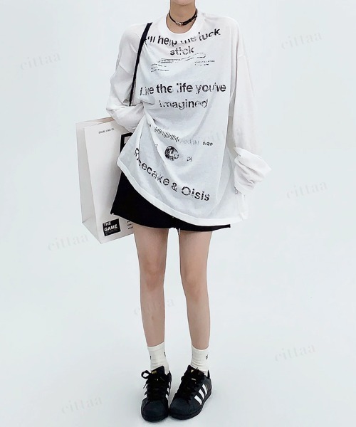 Dalfwin（ダールフィン）の「韓国ファッション Ricecakeダメージプリント薄手長袖Tシャツ（Tシャツ/カットソー・レディース・ホワイト/ブラック・FREE）」の7枚目の写真