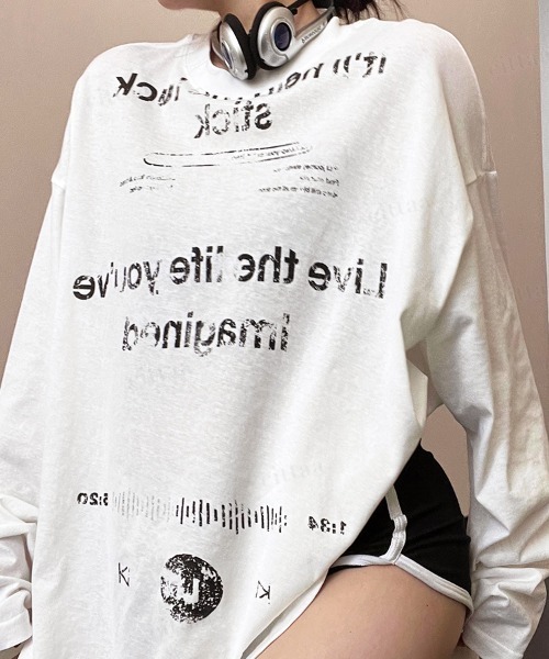 Dalfwin（ダールフィン）の「韓国ファッション Ricecakeダメージプリント薄手長袖Tシャツ（Tシャツ/カットソー・レディース・ホワイト/ブラック・FREE）」の10枚目の写真