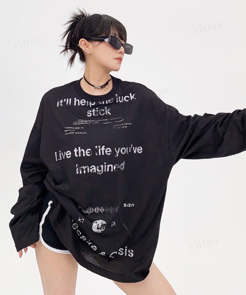 Dalfwin（ダールフィン）の「韓国ファッション Ricecakeダメージプリント薄手長袖Tシャツ（Tシャツ/カットソー・レディース・ホワイト/ブラック・FREE）」の11枚目の写真
