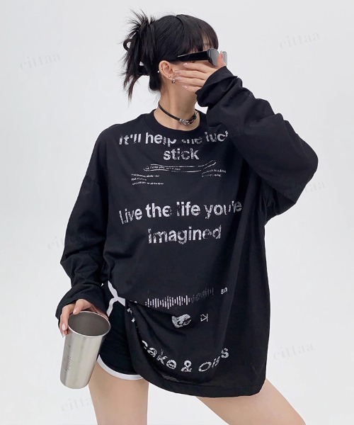 Dalfwin（ダールフィン）の「韓国ファッション Ricecakeダメージプリント薄手長袖Tシャツ（Tシャツ/カットソー・レディース・ホワイト/ブラック・FREE）」の12枚目の写真