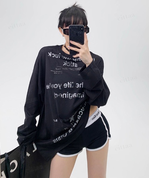 Dalfwin（ダールフィン）の「韓国ファッション Ricecakeダメージプリント薄手長袖Tシャツ（Tシャツ/カットソー・レディース・ホワイト/ブラック・FREE）」の13枚目の写真