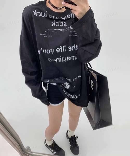 Dalfwin（ダールフィン）の「韓国ファッション Ricecakeダメージプリント薄手長袖Tシャツ（Tシャツ/カットソー・レディース・ホワイト/ブラック・FREE）」の14枚目の写真
