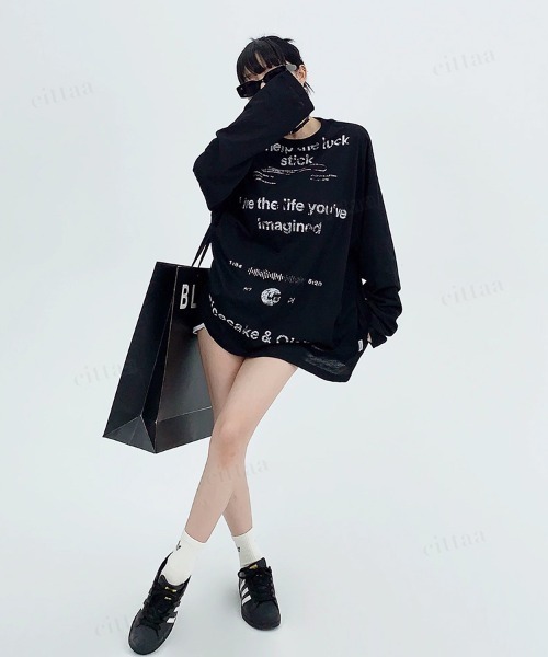 Dalfwin（ダールフィン）の「韓国ファッション Ricecakeダメージプリント薄手長袖Tシャツ（Tシャツ/カットソー・レディース・ホワイト/ブラック・FREE）」の15枚目の写真