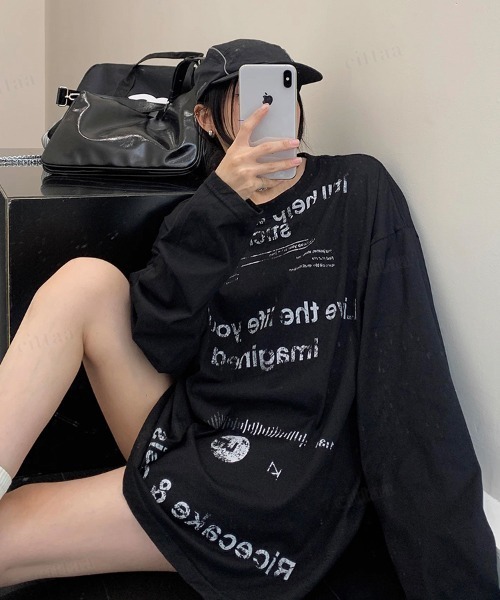 Dalfwin（ダールフィン）の「韓国ファッション Ricecakeダメージプリント薄手長袖Tシャツ（Tシャツ/カットソー・レディース・ホワイト/ブラック・FREE）」の16枚目の写真