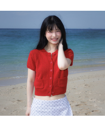 Pocket short sleeve knit cardigan [Red]