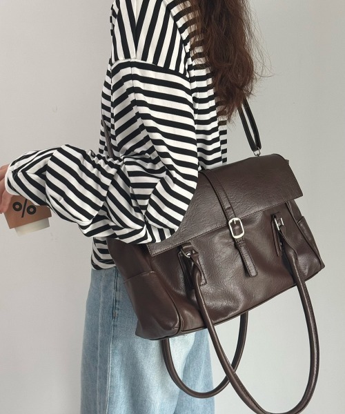 yuue' ( wear )(ユーイ)の「大容量ロングハンドルビッグトートバッグ/通勤通学/オフィス/A4サイズ対応(ショルダーバッグ・レディース・ダークブラウン/ブラック・FREE)」の12枚目の写真