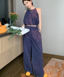 ストライプクロップドトップス × ハイウエストタックワイドパンツ セットアップ