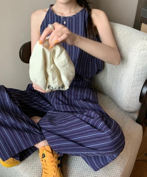 semplice(センプリチェ)の「ストライプクロップドトップス × ハイウエストタックワイドパンツ セットアップ(セットアップ・レディース・キャメル/ネイビー・F)」の8枚目の写真