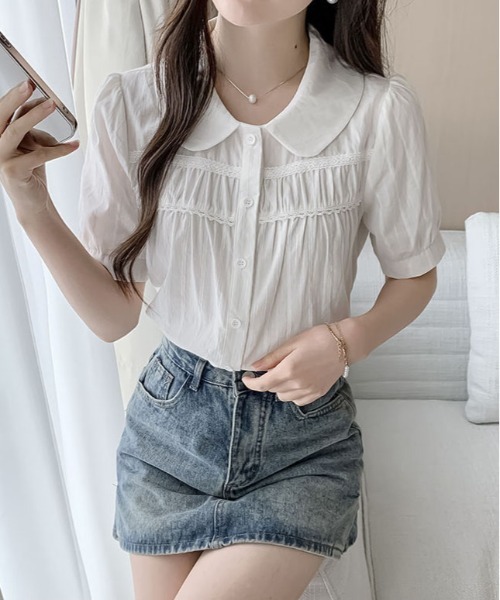 &soiree(アンドソワレ)の「ラウンドカラーレ-ス切り替えストライプブラウス(Tシャツ/カットソー・レディース・ホワイト/サックスブルー・SMALL/MEDIUM/LARGE/X-LARGE)」の1枚目の写真