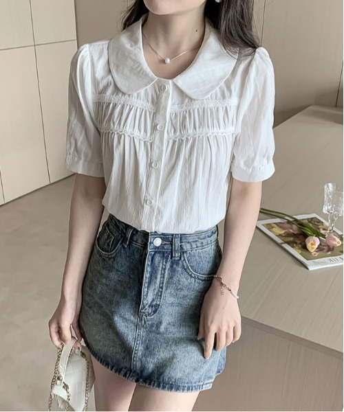 &soiree(アンドソワレ)の「ラウンドカラーレ-ス切り替えストライプブラウス(Tシャツ/カットソー・レディース・ホワイト/サックスブルー・SMALL/MEDIUM/LARGE/X-LARGE)」の4枚目の写真
