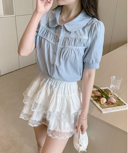 &soiree(アンドソワレ)の「ラウンドカラーレ-ス切り替えストライプブラウス(Tシャツ/カットソー・レディース・ホワイト/サックスブルー・SMALL/MEDIUM/LARGE/X-LARGE)」の6枚目の写真