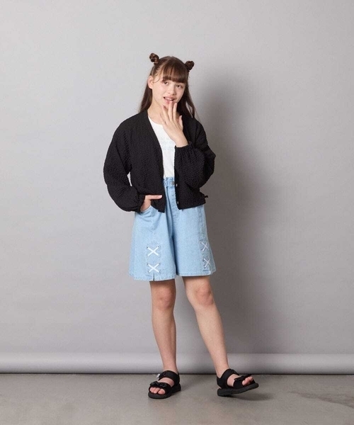 a.v.v（アーヴェヴェ）の「[130-160]【UVカット】サイドギャザーシアーカーディガン（カーディガン/ボレロ・キッズ・アイボリー/ブラック・140/130/150/160）」の15枚目の写真