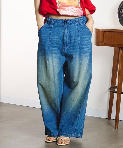 ROSE BUD(ローズバッド)の「DENIM/BACK SATIN PANTS(デニムパンツ・レディース・オフホワイト/ライトインディゴブルー/カーキ・M/S)」の1枚目の写真
