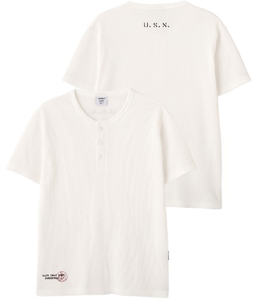 AVIREX(アヴィレックス)の「MINI WAFFLE HENRY NECK T-SHIRT "U.S.N." / ミニワッフル ヘンリーネック 半袖Tシャツ / AVIREX /アヴィレックス(Tシャツ/カットソー・メンズ・ホワイト/ブラック/グリーン系カモフラージュ・LARGE/SMALL/X-LARGE/MEDIUM)」の1枚目の写真