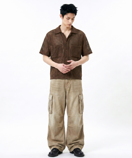 UNDEROFF(アンダーオフ)の「ツーポケットクロップメッシュ半袖シャツブラウン(シャツ/ブラウス・メンズ・ブラウン・LARGE/X-LARGE/MEDIUM)」の3枚目の写真