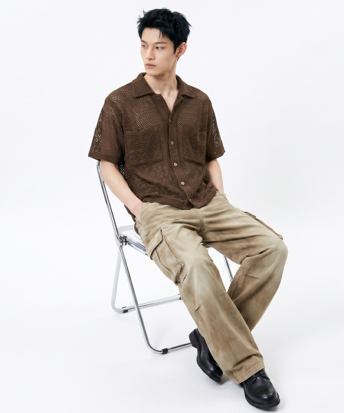 UNDEROFF(アンダーオフ)の「ツーポケットクロップメッシュ半袖シャツブラウン(シャツ/ブラウス・メンズ・ブラウン・LARGE/X-LARGE/MEDIUM)」の4枚目の写真