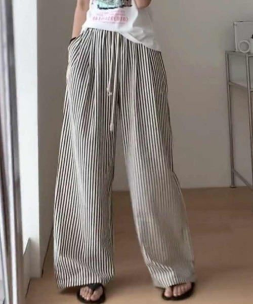 おしゃれスタ(オシャレスタ)の「リラックスストライプワイドパンツ(その他パンツ・レディース・ブラック/グリーン/レッド/ブラウン・M/L/XL/S)」の5枚目の写真
