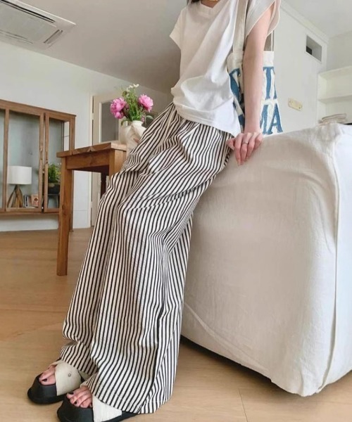 おしゃれスタ(オシャレスタ)の「リラックスストライプワイドパンツ(その他パンツ・レディース・ブラック/グリーン/レッド/ブラウン・M/L/XL/S)」の6枚目の写真