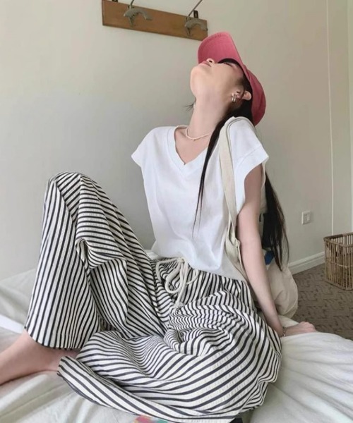 おしゃれスタ(オシャレスタ)の「リラックスストライプワイドパンツ(その他パンツ・レディース・ブラック/グリーン/レッド/ブラウン・M/L/XL/S)」の8枚目の写真