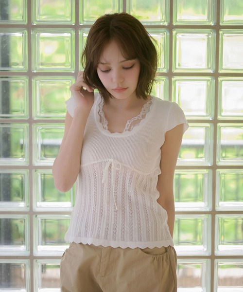 M DOLLY(エムドリー)の「Lace melody ribbon knit tops / レースメロディリボンニットトップス(ニット/セーター・レディース・ホワイト/ピンク/ブルー/ラベンダー・FREE)」の7枚目の写真