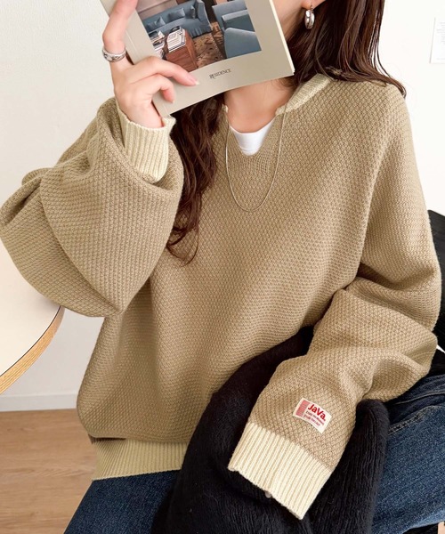 Java(ジャバ)の「《JaVaジャバコラボ》ざっくり×配色が旬顔。配色スキッパーオーバーサイズ鹿の子編みニット(長袖)(ニット/セーター・レディース・ベージュ/杢グレー/モカ/アイボリー/チャコール・SMALL/MEDIUM/LARGE/X-LARGE)」の5枚目の写真