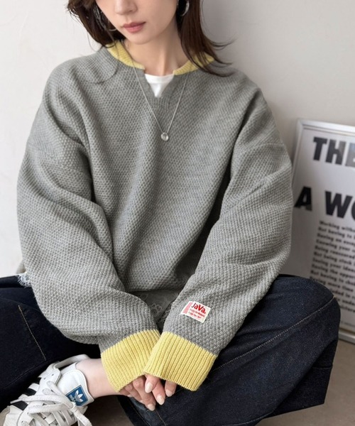 Java(ジャバ)の「《JaVaジャバコラボ》ざっくり×配色が旬顔。配色スキッパーオーバーサイズ鹿の子編みニット(長袖)(ニット/セーター・レディース・ベージュ/杢グレー/モカ/アイボリー/チャコール・SMALL/MEDIUM/LARGE/X-LARGE)」の2枚目の写真