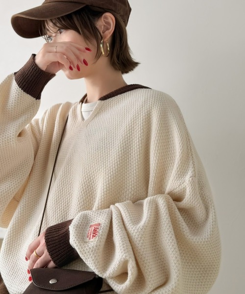 Java(ジャバ)の「《JaVaジャバコラボ》ざっくり×配色が旬顔。配色スキッパーオーバーサイズ鹿の子編みニット(長袖)(ニット/セーター・レディース・ベージュ/杢グレー/モカ/アイボリー/チャコール・SMALL/MEDIUM/LARGE/X-LARGE)」の10枚目の写真