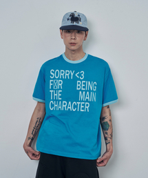 スローガンリング半袖Tシャツブルー