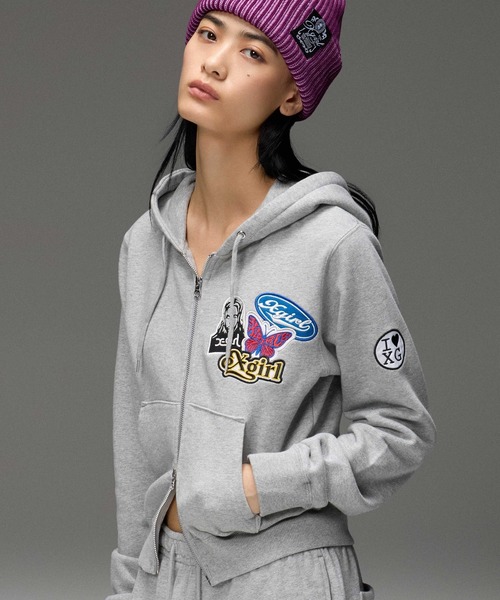X-girl(エックスガール)の「X-girl PATCHES COMPACT ZIP UP SWEAT HOODIE(パーカー・レディース・アッシュ/ピンク/ブラック・S/M)」の3枚目の写真