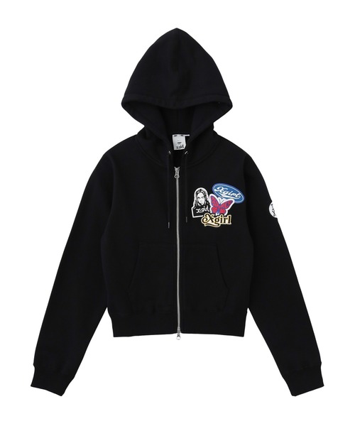 X-girl(エックスガール)の「X-girl PATCHES COMPACT ZIP UP SWEAT HOODIE(パーカー・レディース・アッシュ/ピンク/ブラック・S/M)」の2枚目の写真