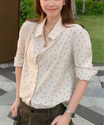 小花柄襟付きゆったりロングスリーブシャツ