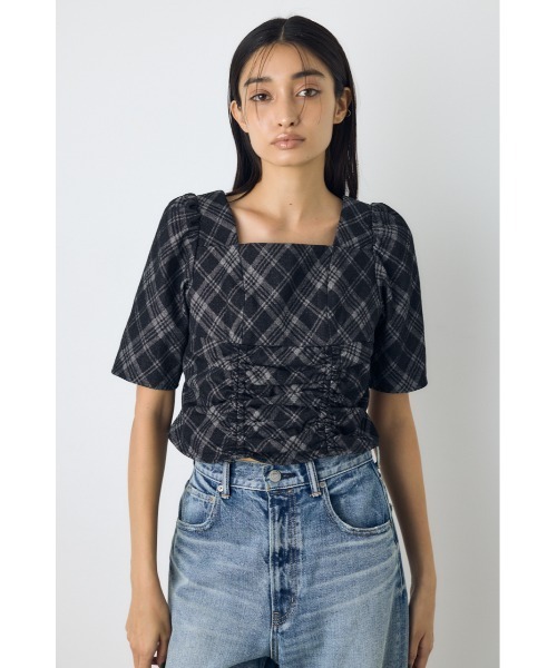 AZUL by moussy(アズールバイマウジー)の「【セットアップ対応】フロントギャザーデニムチェックブラウス 秋服 冬服 春服 デニムブラウス スクエアネック(シャツ/ブラウス・レディース・ブルー/ブラック・FREE)」の3枚目の写真