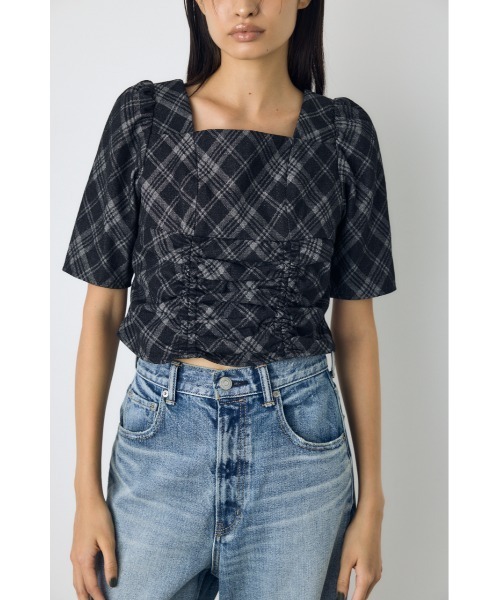 AZUL by moussy(アズールバイマウジー)の「【セットアップ対応】フロントギャザーデニムチェックブラウス 秋服 冬服 春服 デニムブラウス スクエアネック(シャツ/ブラウス・レディース・ブルー/ブラック・FREE)」の4枚目の写真