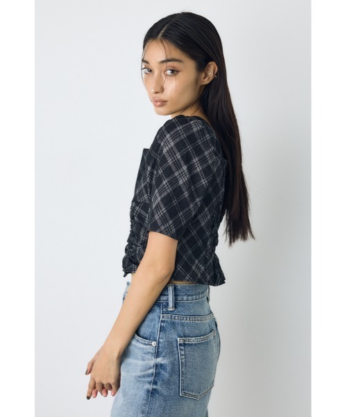 AZUL by moussy(アズールバイマウジー)の「【セットアップ対応】フロントギャザーデニムチェックブラウス 秋服 冬服 春服 デニムブラウス スクエアネック(シャツ/ブラウス・レディース・ブルー/ブラック・FREE)」の5枚目の写真